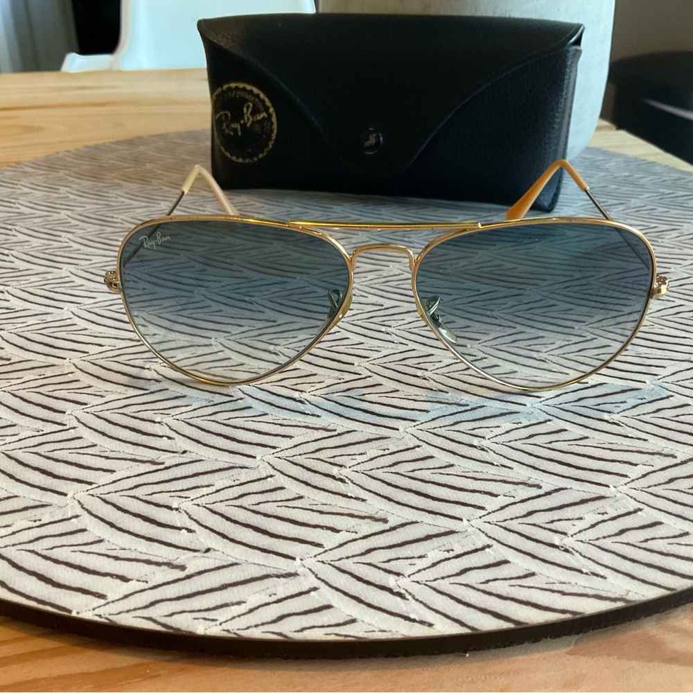 Ray-Ban Gold Frame Sunglasses with Blue Lenses (Case Included)